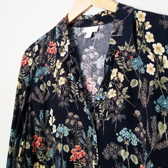 J. Jill Black Botanical Floral Button Front Shirt Blouse Tunic Long Sleeves M - Picture 7 of 15